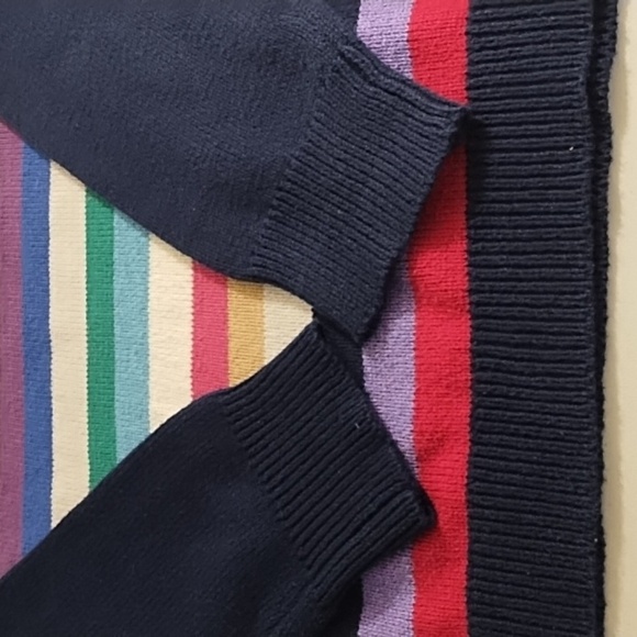 Cotton Blend Navy Raglan Sleeve Multi Stripe Crew Neck Mid-Weight Sweater - Picture 9 of 10